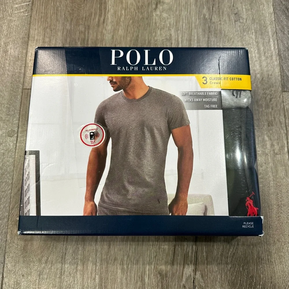 Polo Ralph Lauren Men L 3-Pack Classic Fit Cotton Crew Neck T-Shirts Grey Black